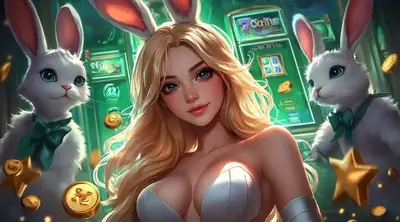 Personagem loira com orelhas de coelho em destaque no banner de boas vindas do cassino.