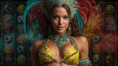 Mulher com fantasia de carnaval azul e cocar brilhante representando a festa brasileira.