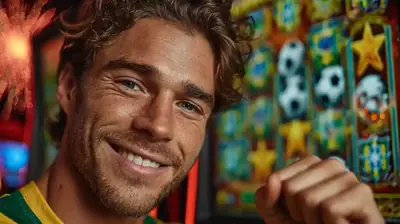 Homem sorridente vestindo a camisa da seleção brasileira em frente a máquinas de slot.